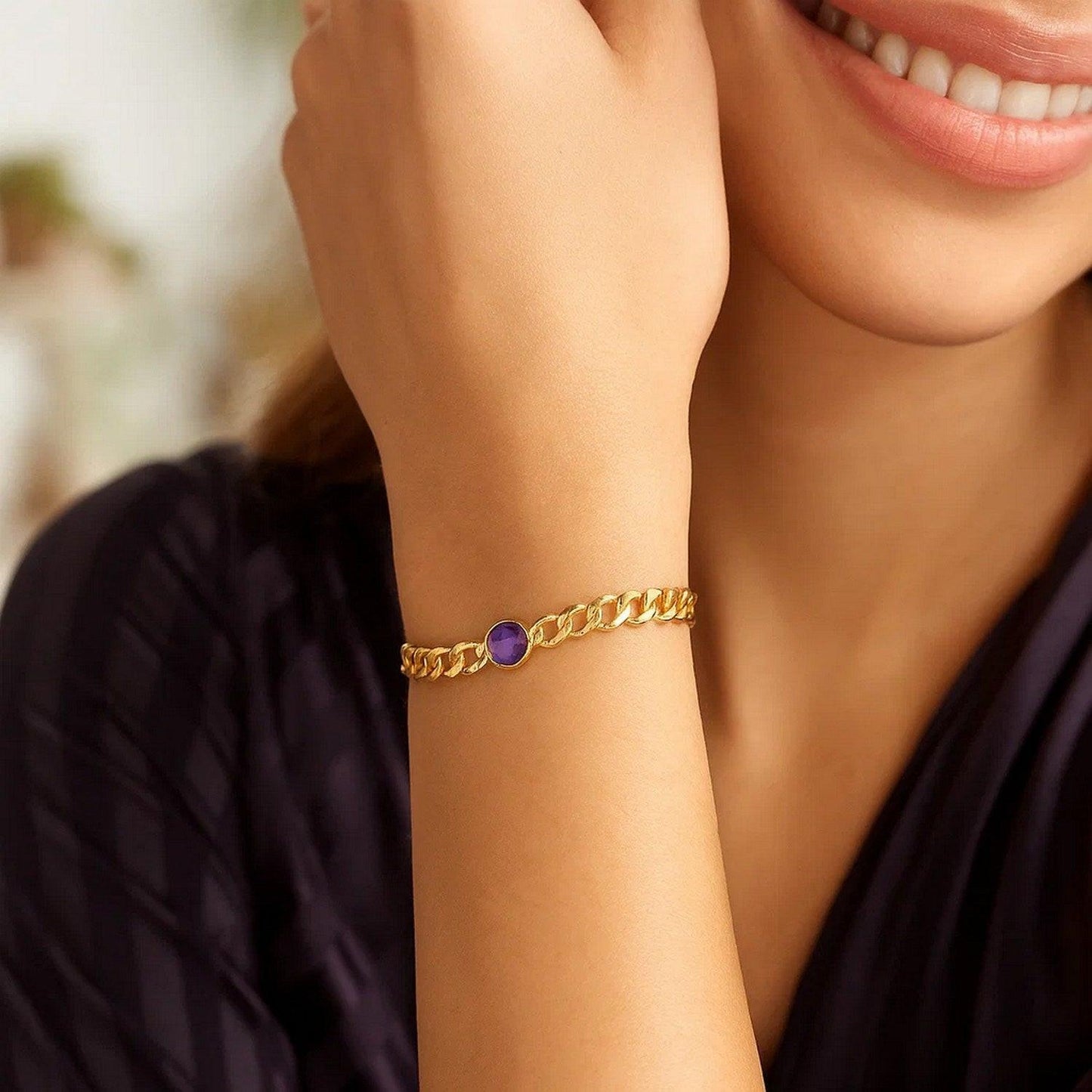 14K Yellow Gold Amethyst Curb Chain Bracelet (3.60 mm)