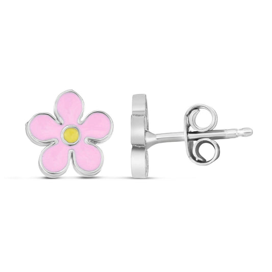 Sterling Silver Enamel Pink Flower Stud Earrings