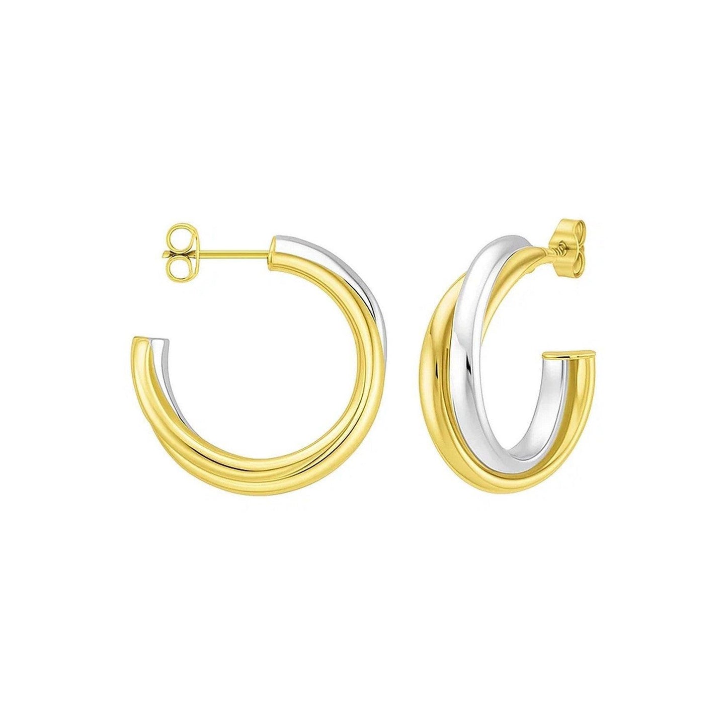 14K Two Tone Gold Interlocking Trinity C Hoop Earrings