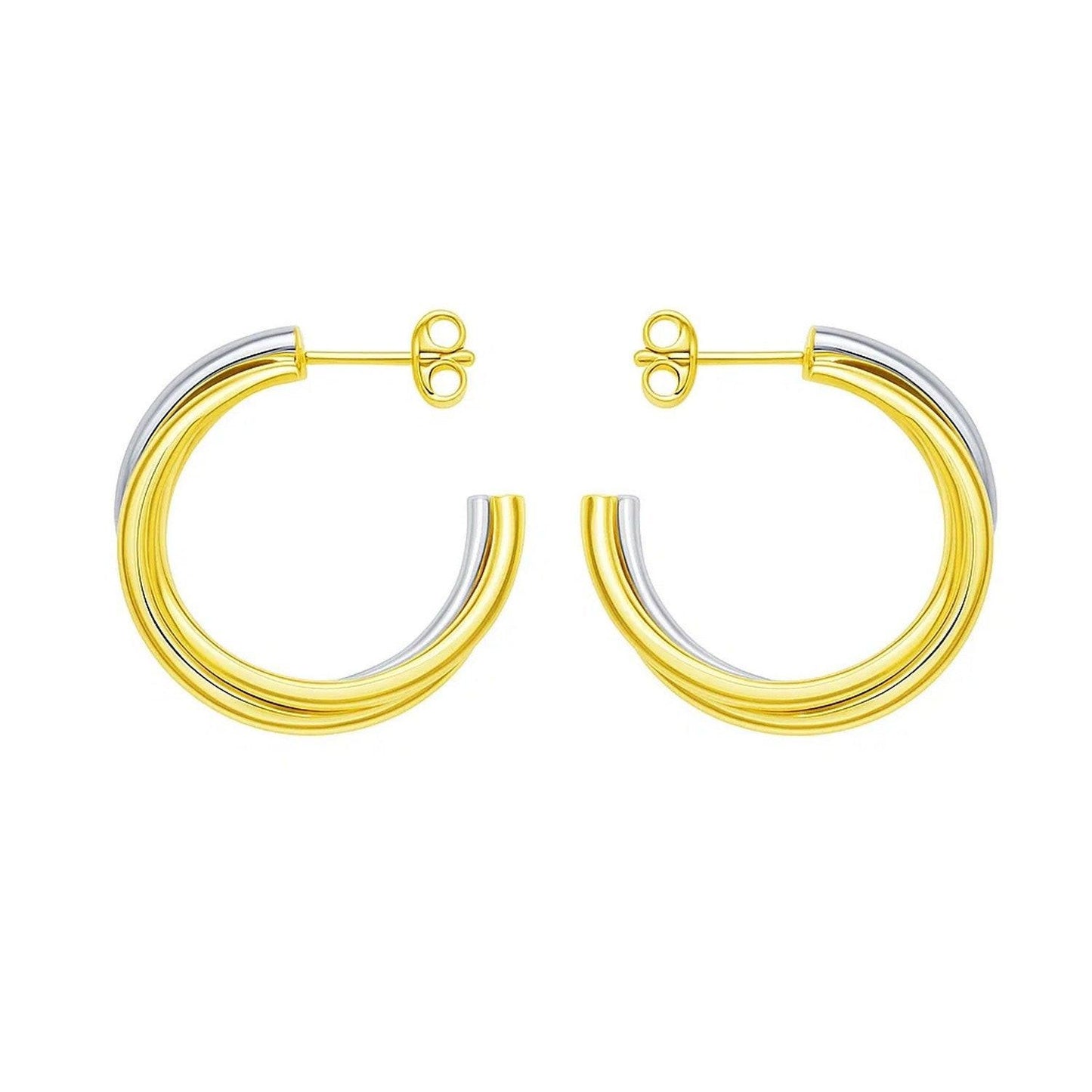 14K Two Tone Gold Interlocking Trinity C Hoop Earrings
