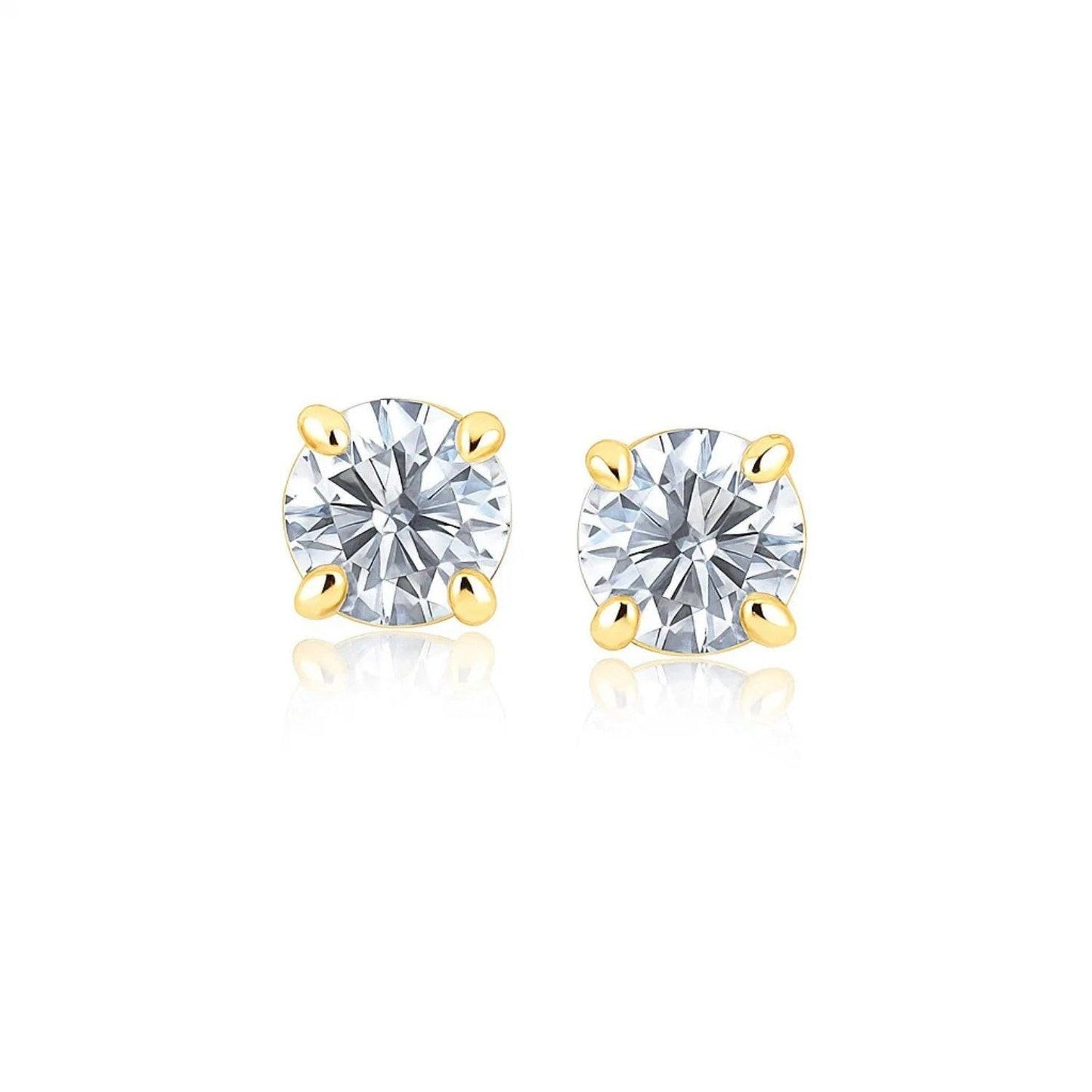 14k Yellow Gold Stud Earrings with White Hue Faceted Cubic Zirconia(6mm)