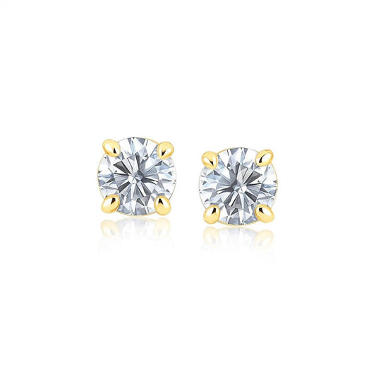 14k Yellow Gold Stud Earrings with White Hue Faceted Cubic Zirconia(6mm)