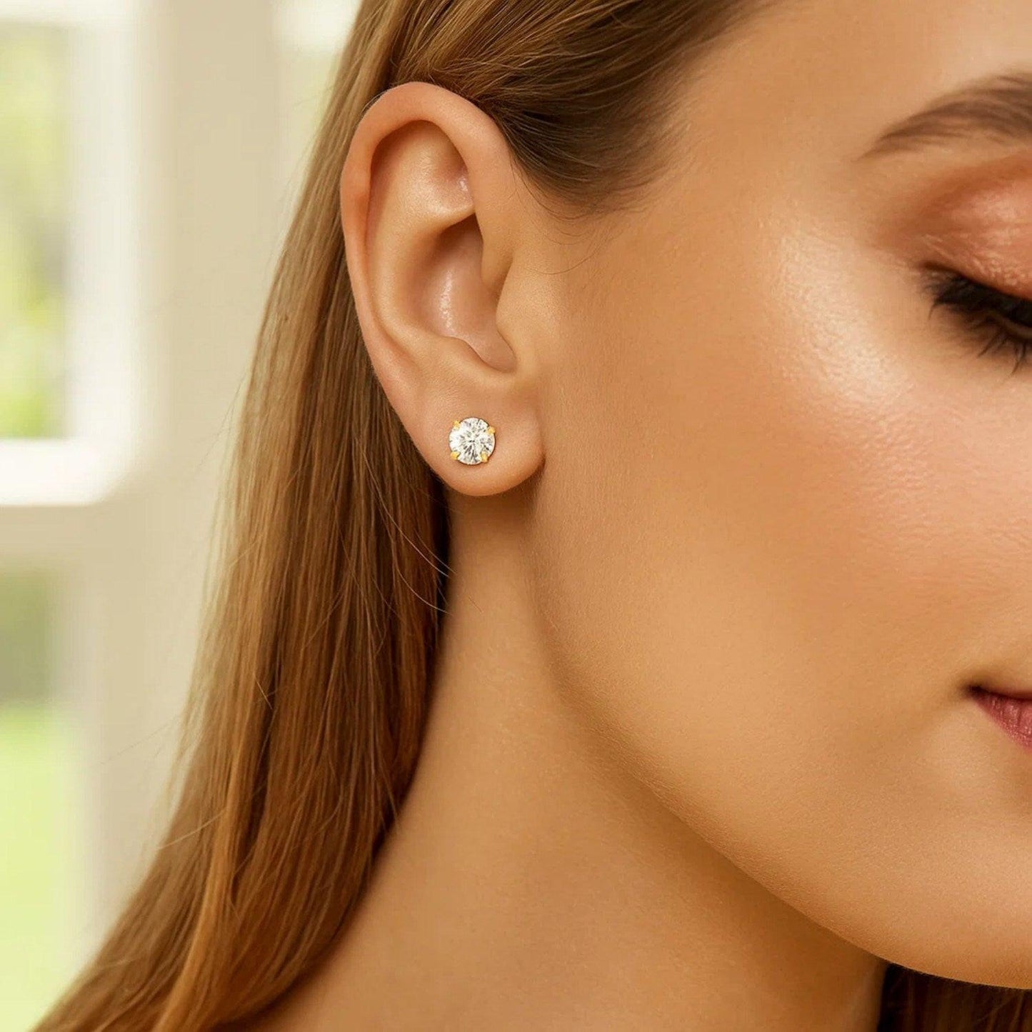 14k Yellow Gold Stud Earrings with White Hue Faceted Cubic Zirconia(6mm)