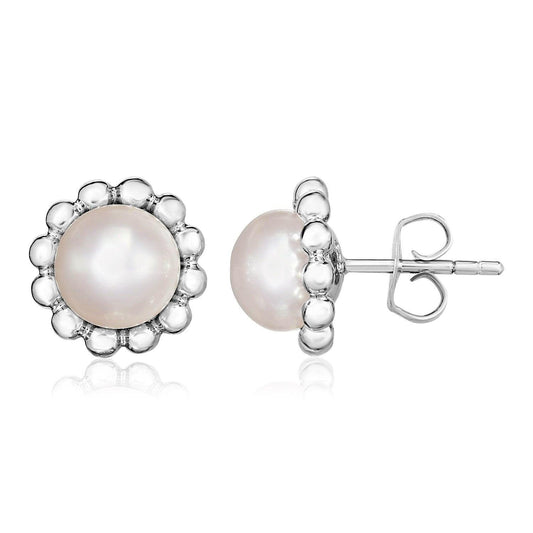 Sterling Silver Round Flower Motif Earrings with Pearl