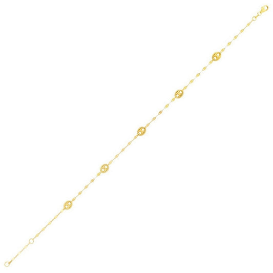 14K Yellow Gold Mirror Chain and Puffed Mariner Station Anklet