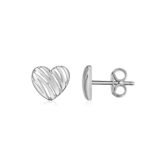 14K White Gold High Polish Scribble Heart Stud Earrings