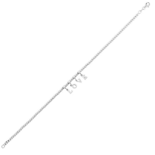 Sterling Silver Rhodium Plated Love Beaded Anklet