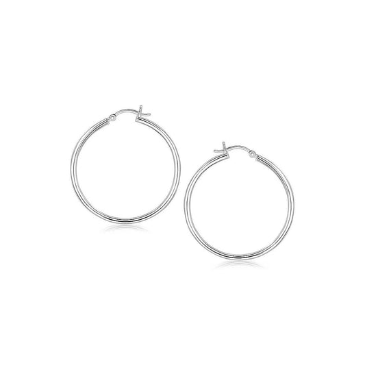 Sterling Silver Rhodium Plated Thin and Polished Hoop Style Earrings (2x35mm)