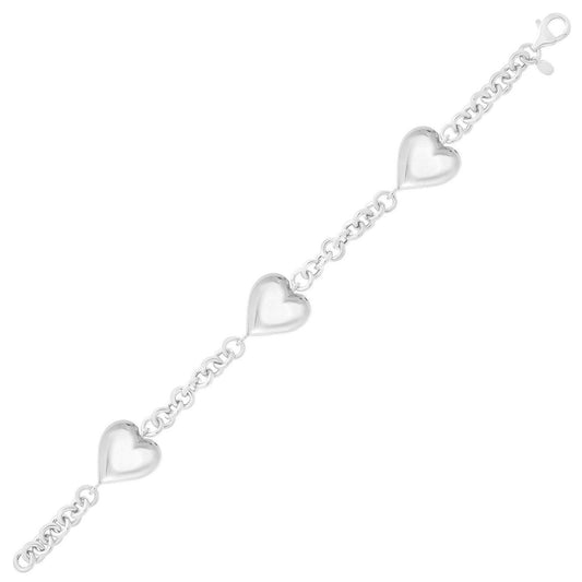 Sterling Silver Rhodium Plated Puffed Triple Heart Bracelet