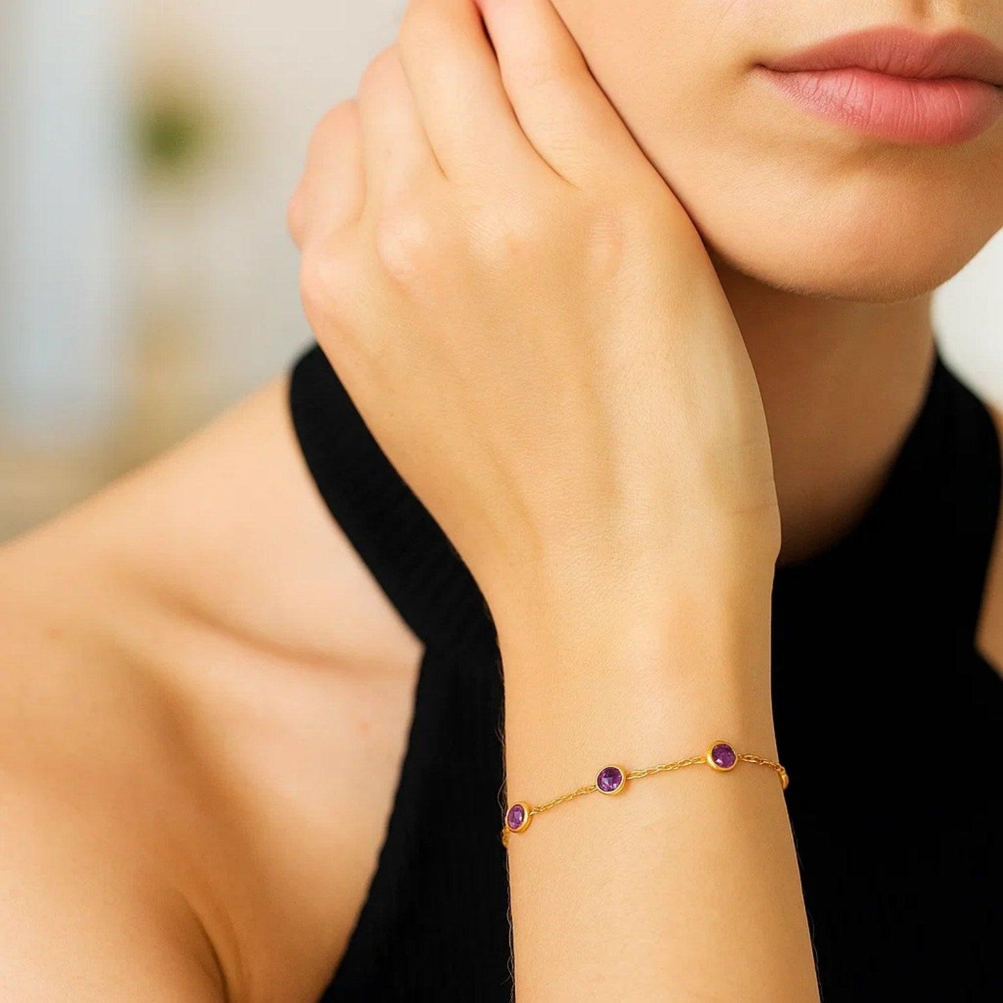 14K Yellow Gold Pink Sapphire Station Bracelet