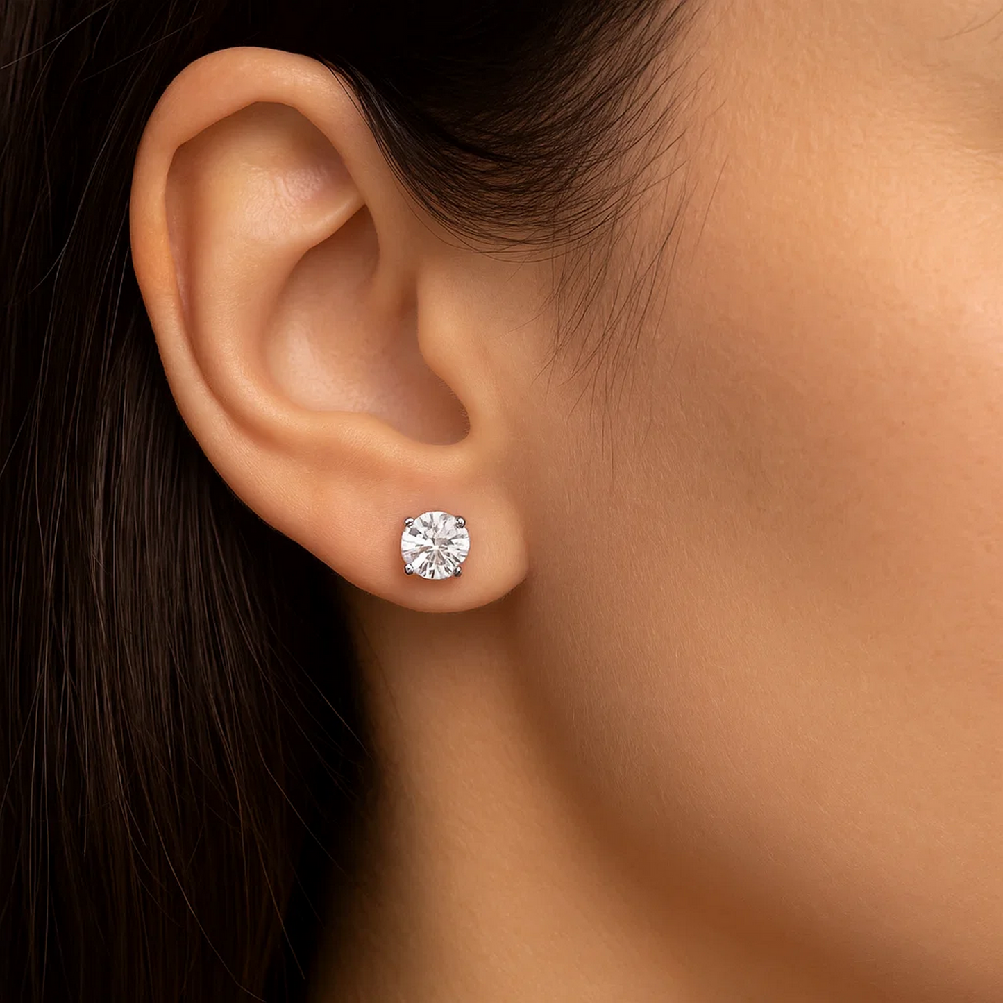 14k White Gold Stud Earrings with White Hue Faceted Cubic Zirconia(5mm)