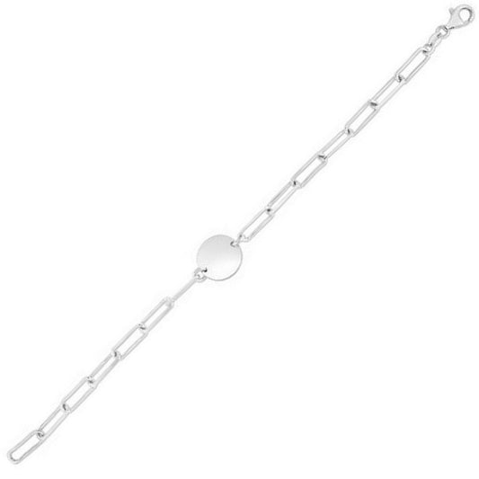 Sterling Silver Rhodium Plated Engravable Circle Paperclip Bracelet (2.10 mm)