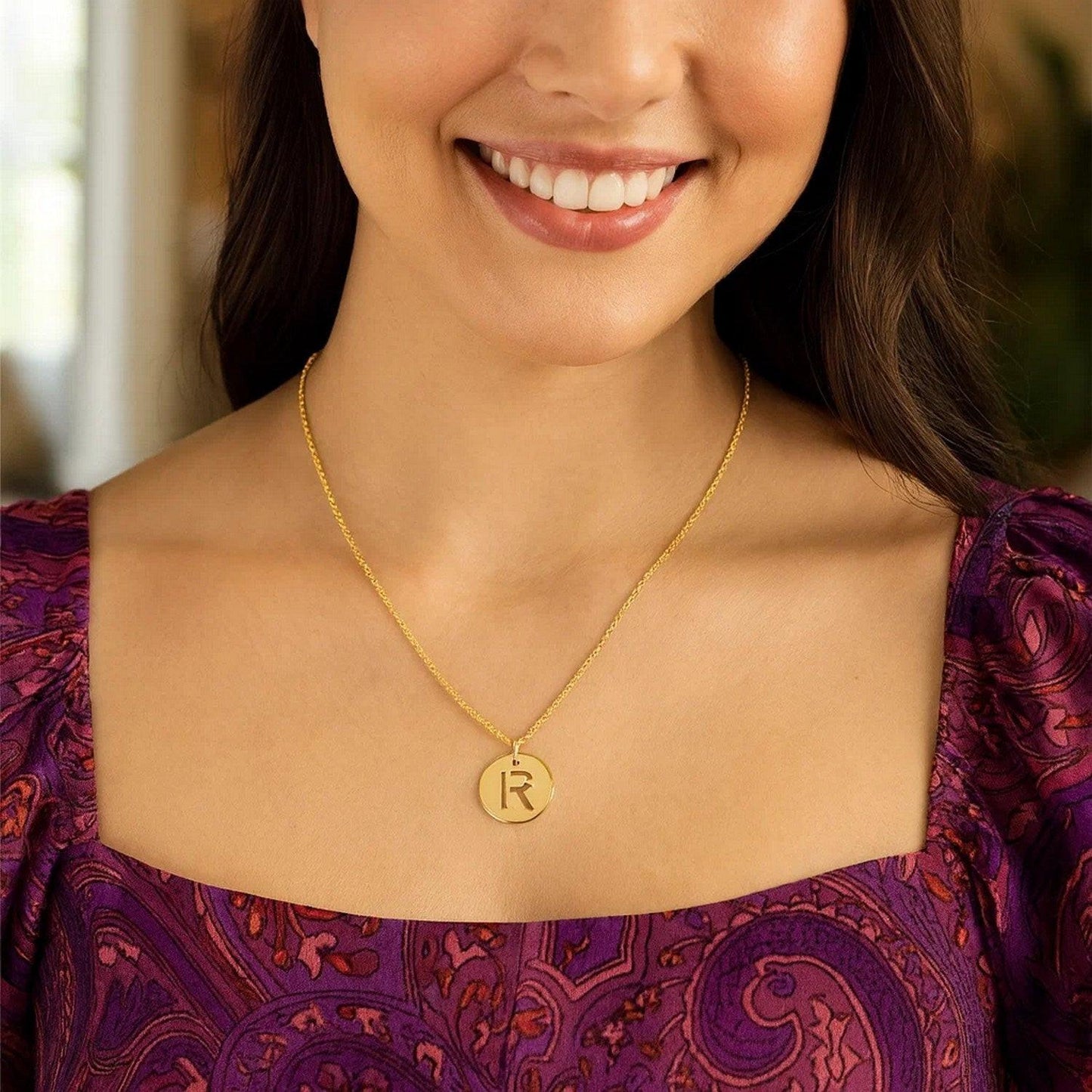 14K Yellow Gold Disc Initial R Pendant