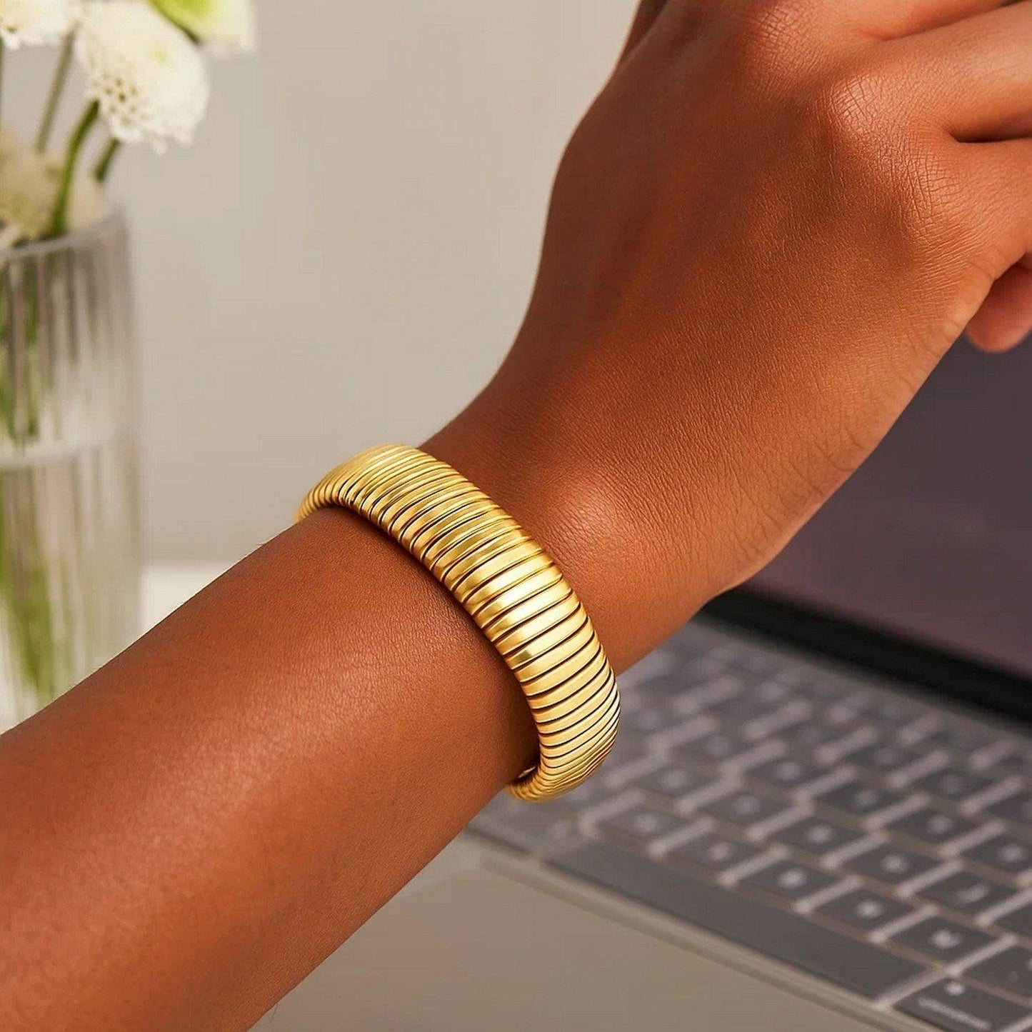 Sterling Silver Yellow Gold Plated Thick Tubogas Bracelet (16.00 mm)