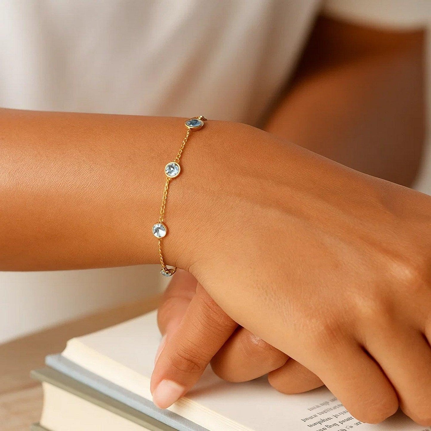 14K Yellow Gold Aqua Station Bracelet