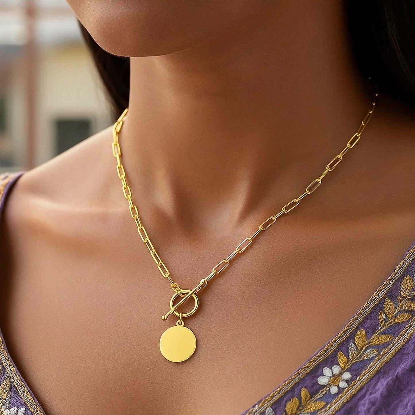 14k Yellow Gold Paperclip Chain Necklace with Circle Pendant