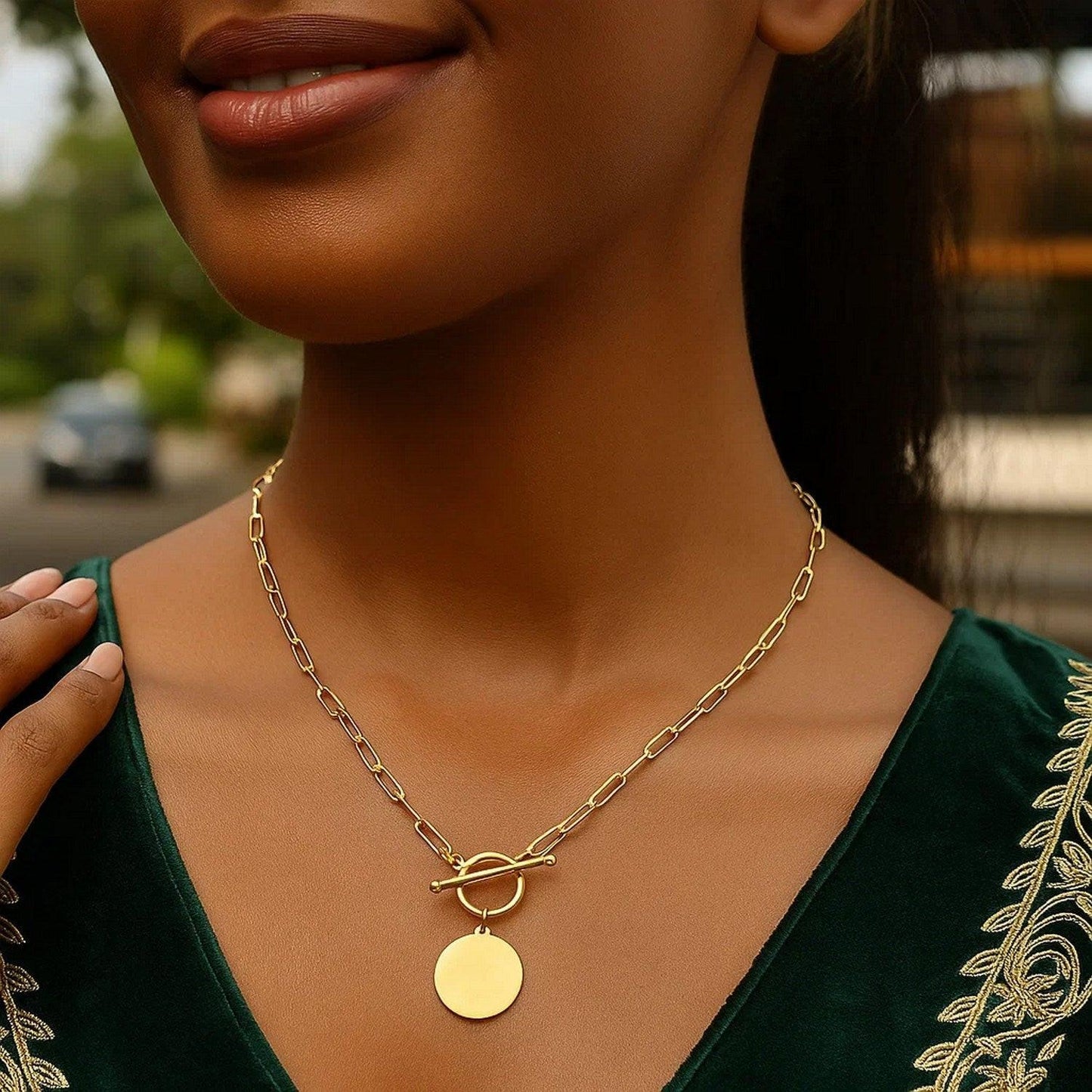 14k Yellow Gold Paperclip Chain Necklace with Circle Pendant