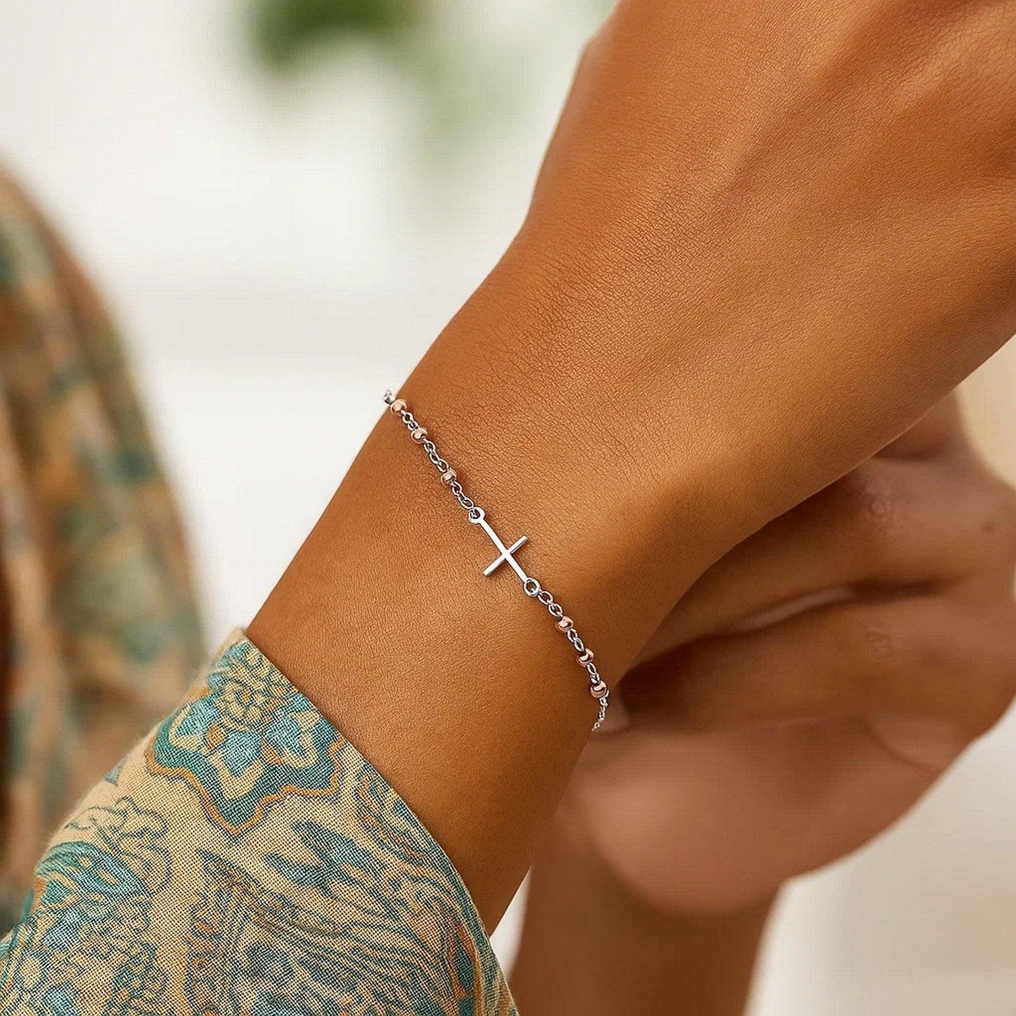 Sterling Silver White and Rose Finish Adjustable Bracelet with Cross (1.20 mm)