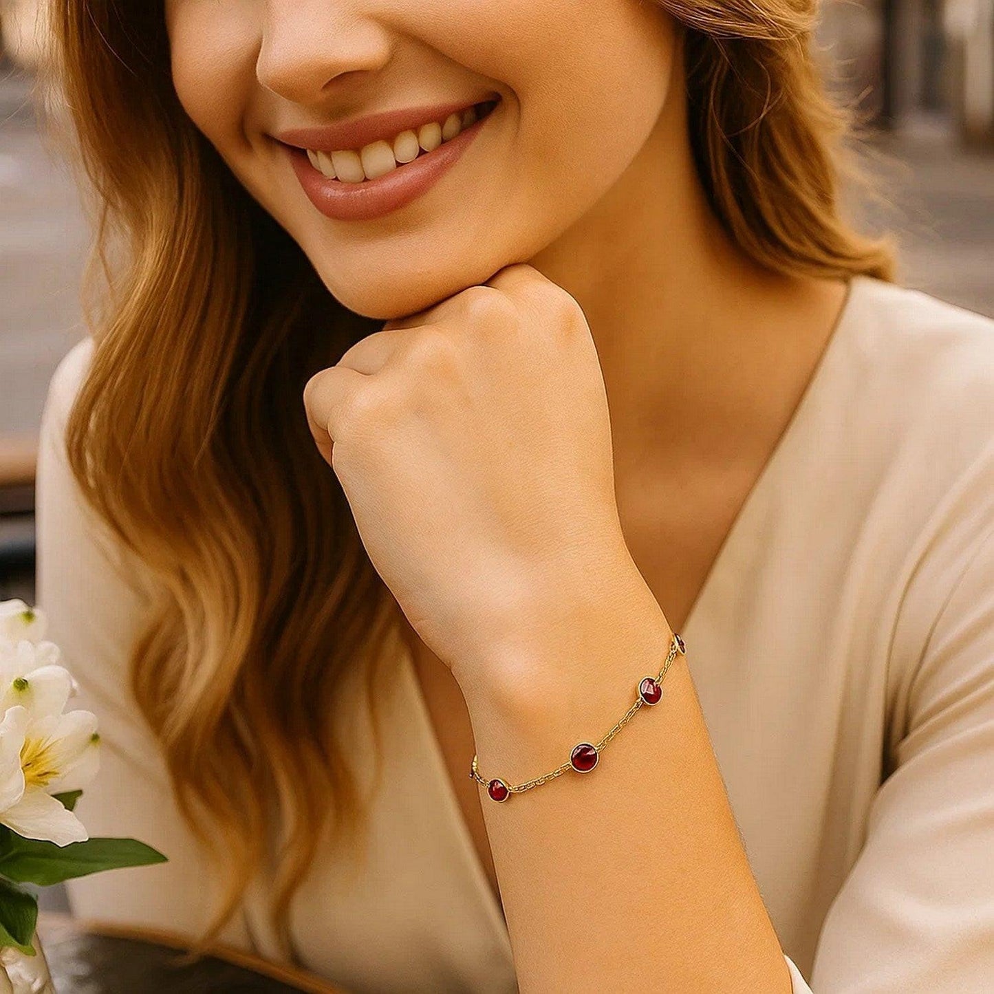 14K Yellow Gold Ruby Station Bracelet