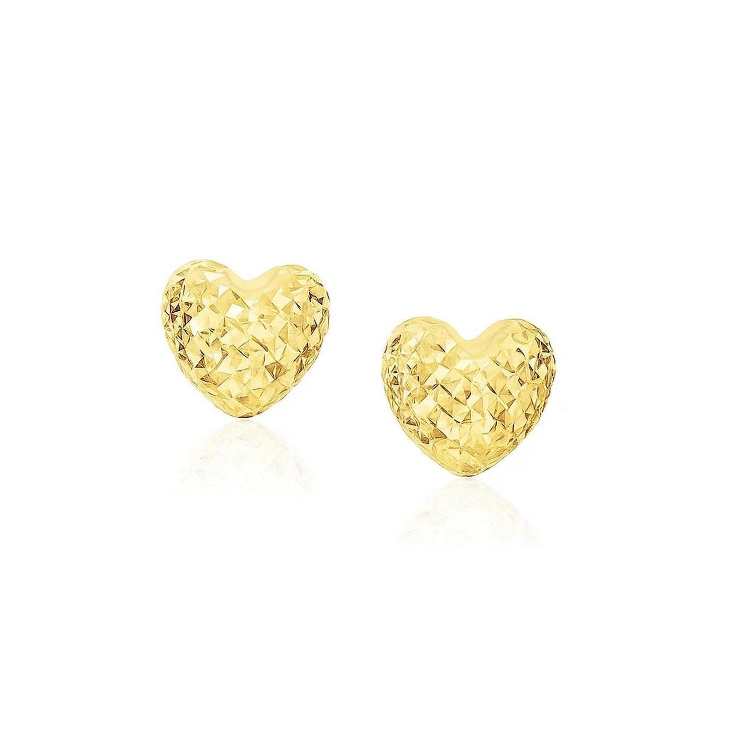 14k Yellow Gold Puffed Heart Earrings with Diamond Cuts(8mm)