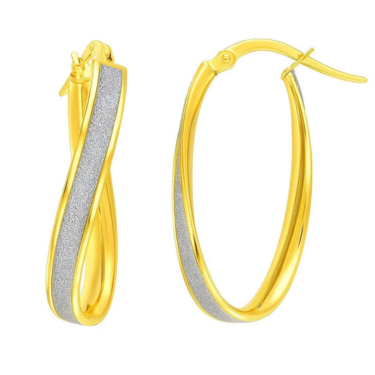 14k Two-Tone Gold Oval Hoop Twist Glittery Earrings