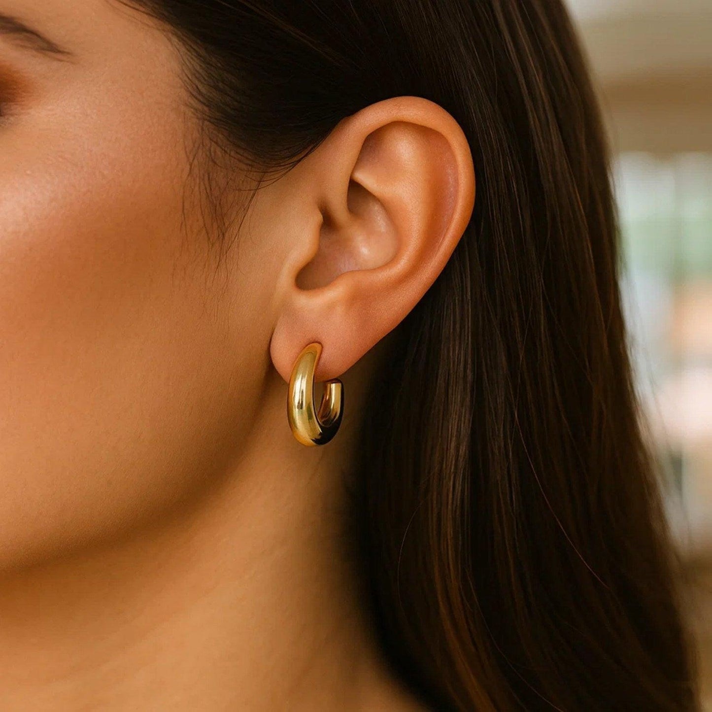 Puffy C Shaped Hoop Earrings in 14K Yellow Gold