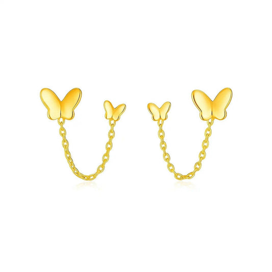 14k Yellow Gold Two Hole Post Earrings with Butterflies