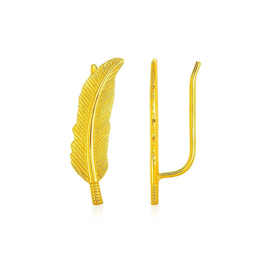 Textured Feather Climber Earrings in 14k Yellow Gold