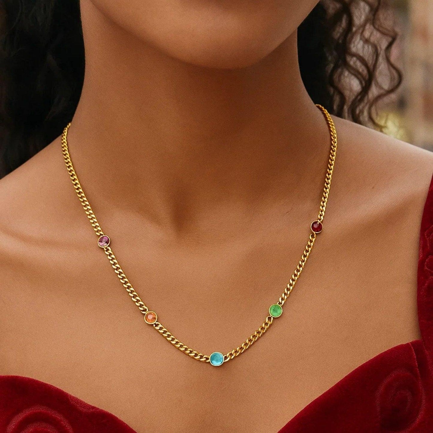 14K Yellow Gold Multi Gemstone Curb Chain Necklace