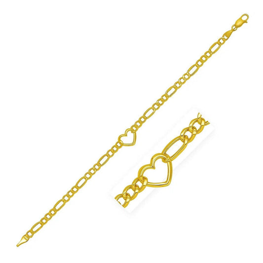 14k Yellow Gold 7 inch Figaro Chain Bracelet with Heart (4.50 mm)