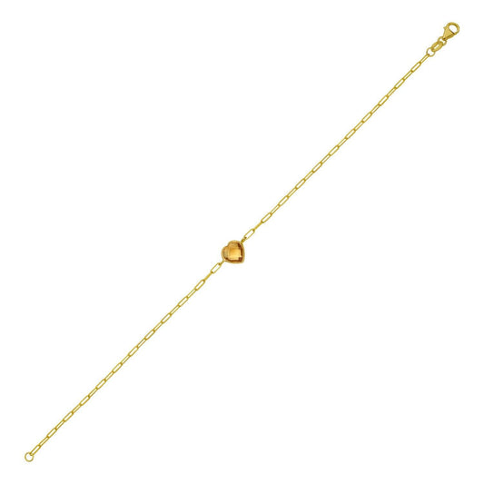 14K Yellow Gold Citrine Heart Bracelet (1.50 mm)