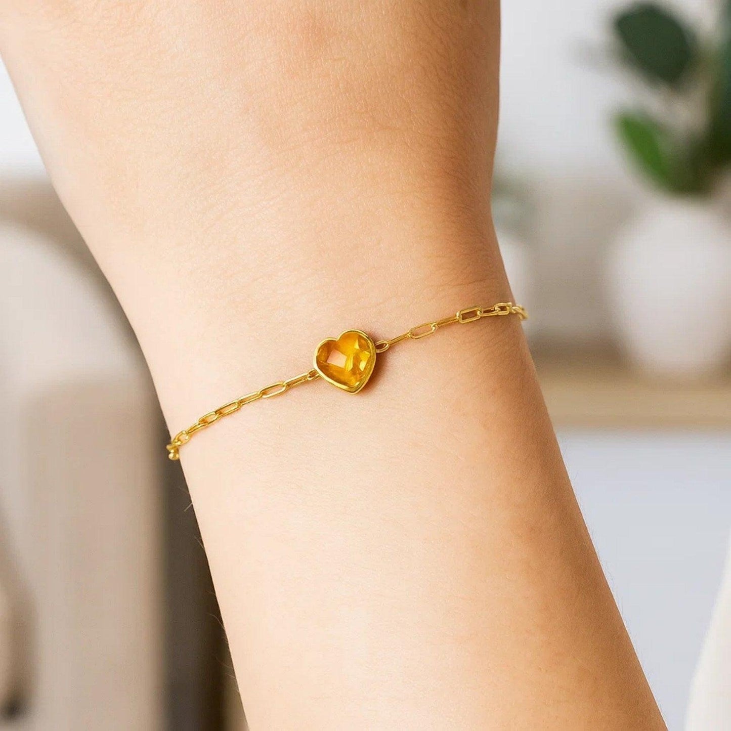 14K Yellow Gold Citrine Heart Bracelet (1.50 mm)