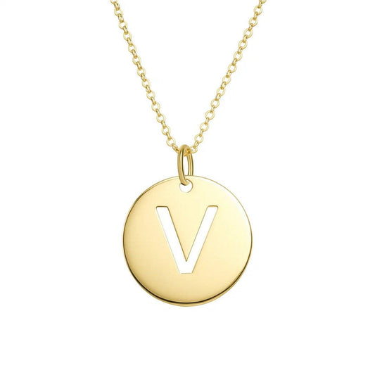 14K Yellow Gold Disc Initial V Pendant