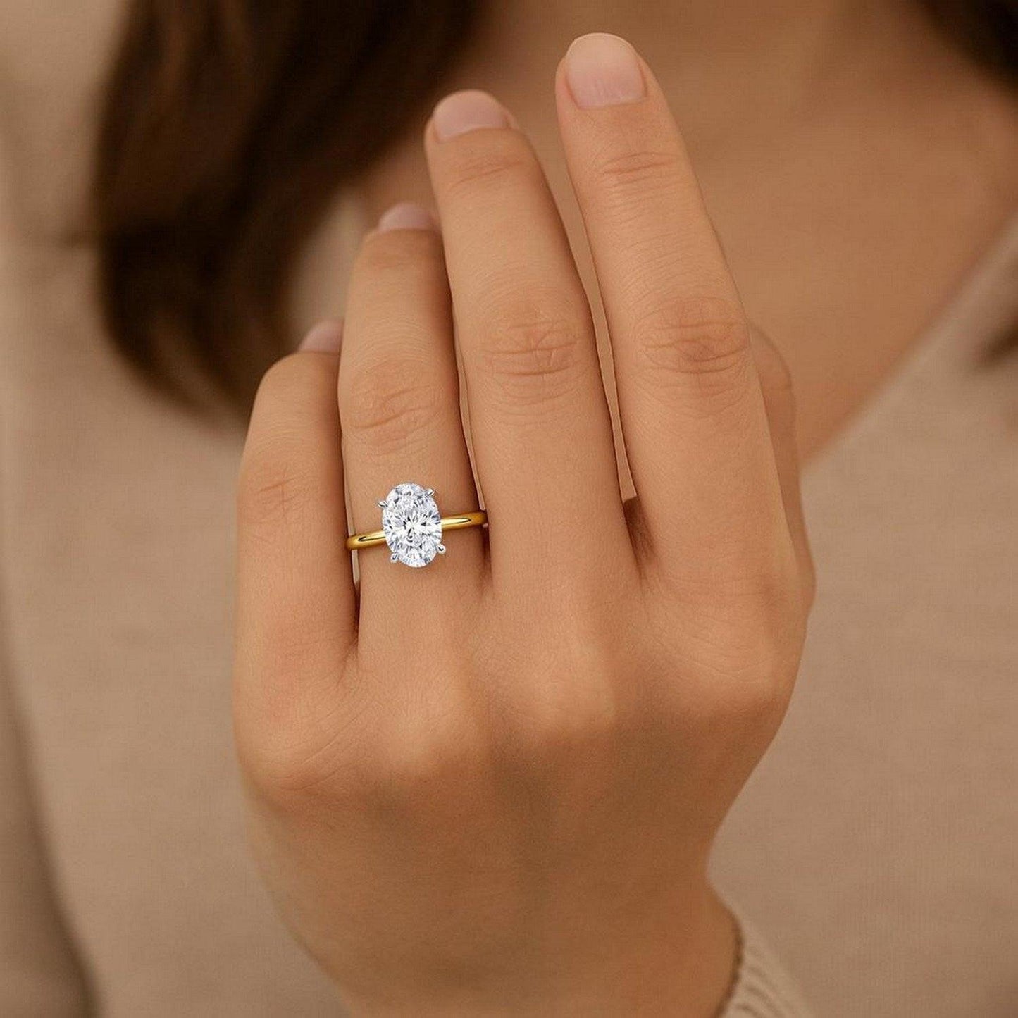 3 Carat Oval Lab Grown IGI G/VS1 Diamond Solitaire Ring in 14K Yellow Gold