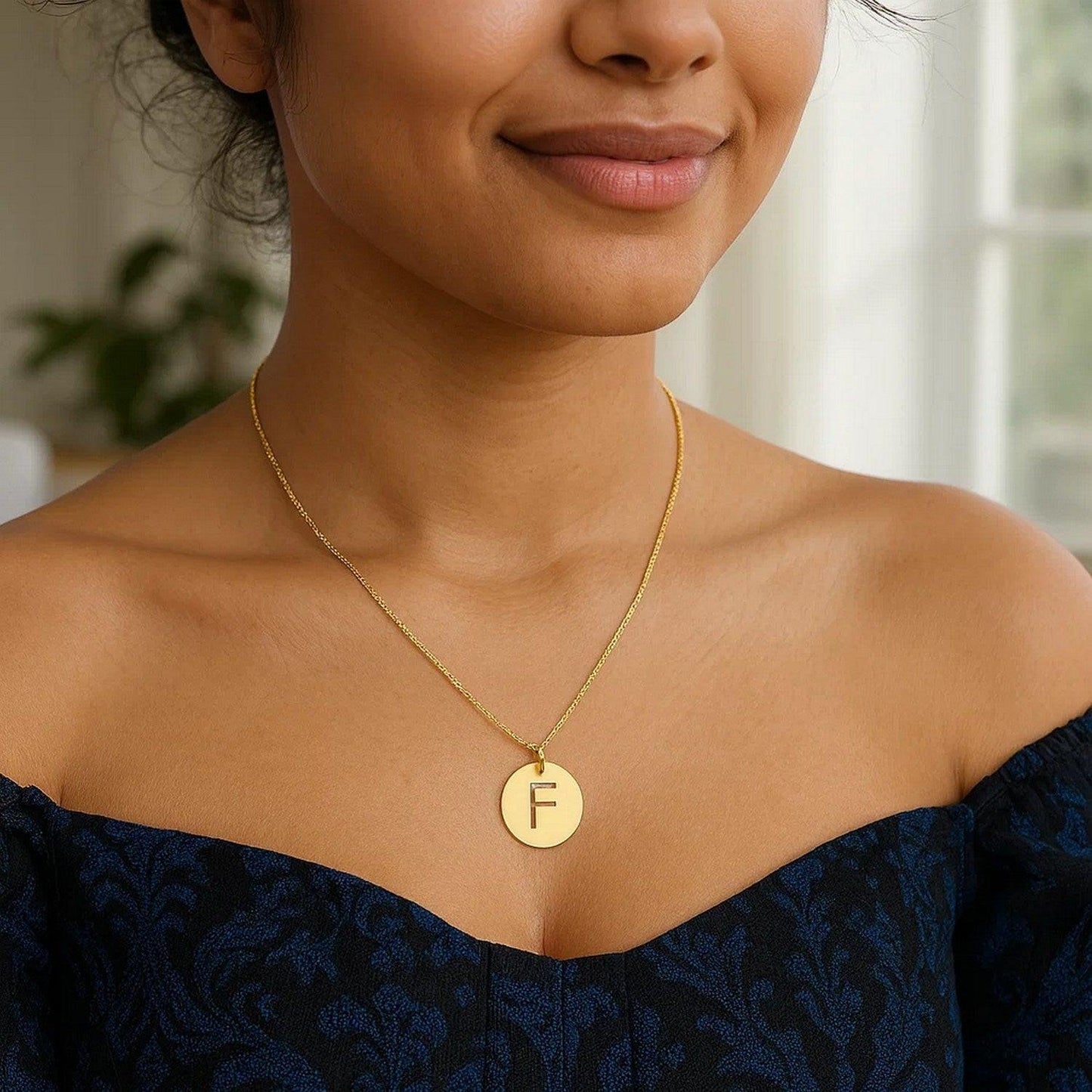 14K Yellow Gold Disc Initial F Pendant