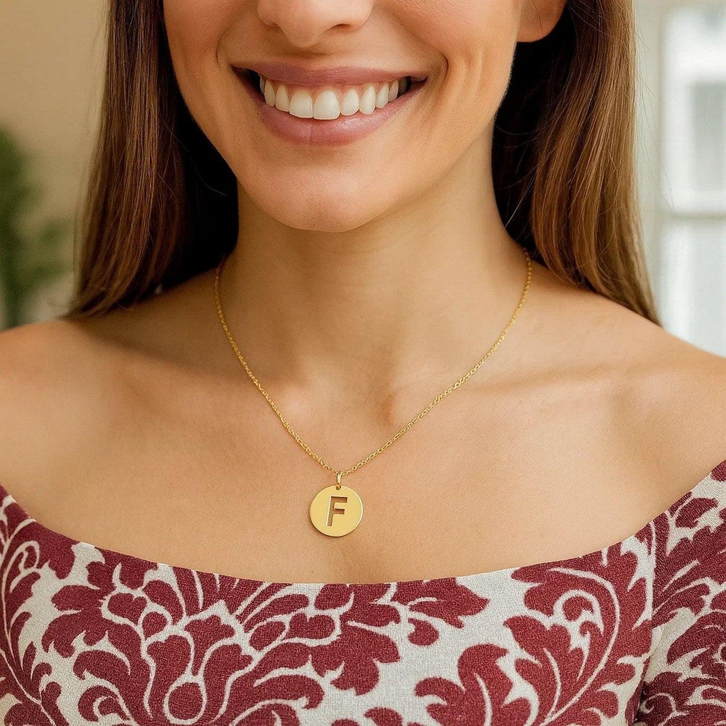 14K Yellow Gold Disc Initial F Pendant