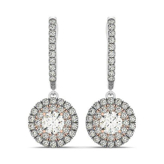 14k White And Rose Gold Drop Diamond Earrings with a Halo Design (3/4 cttw)