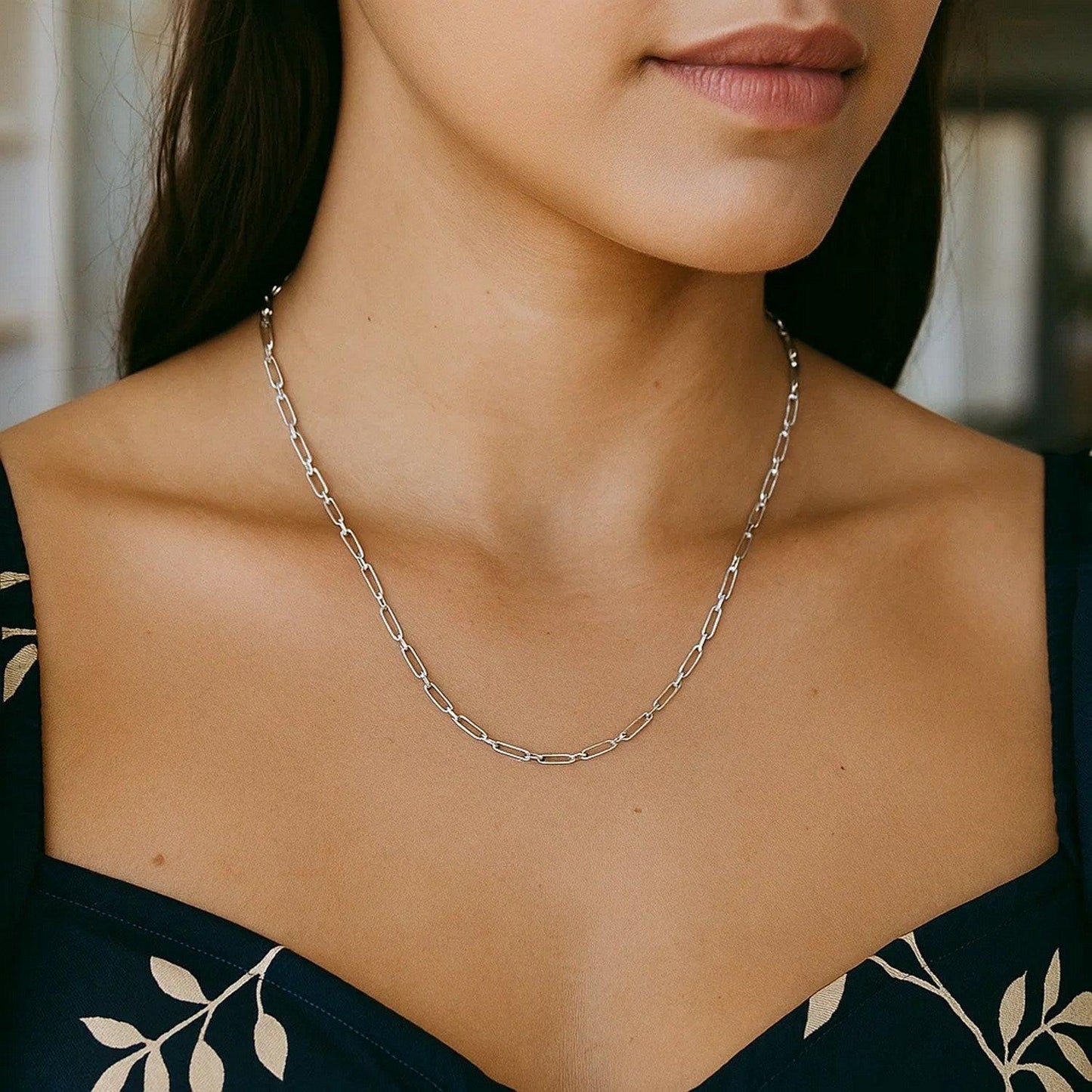 Sterling Silver Rhodium Plated Petite Alternating Paperclip Chain (2.30 mm)