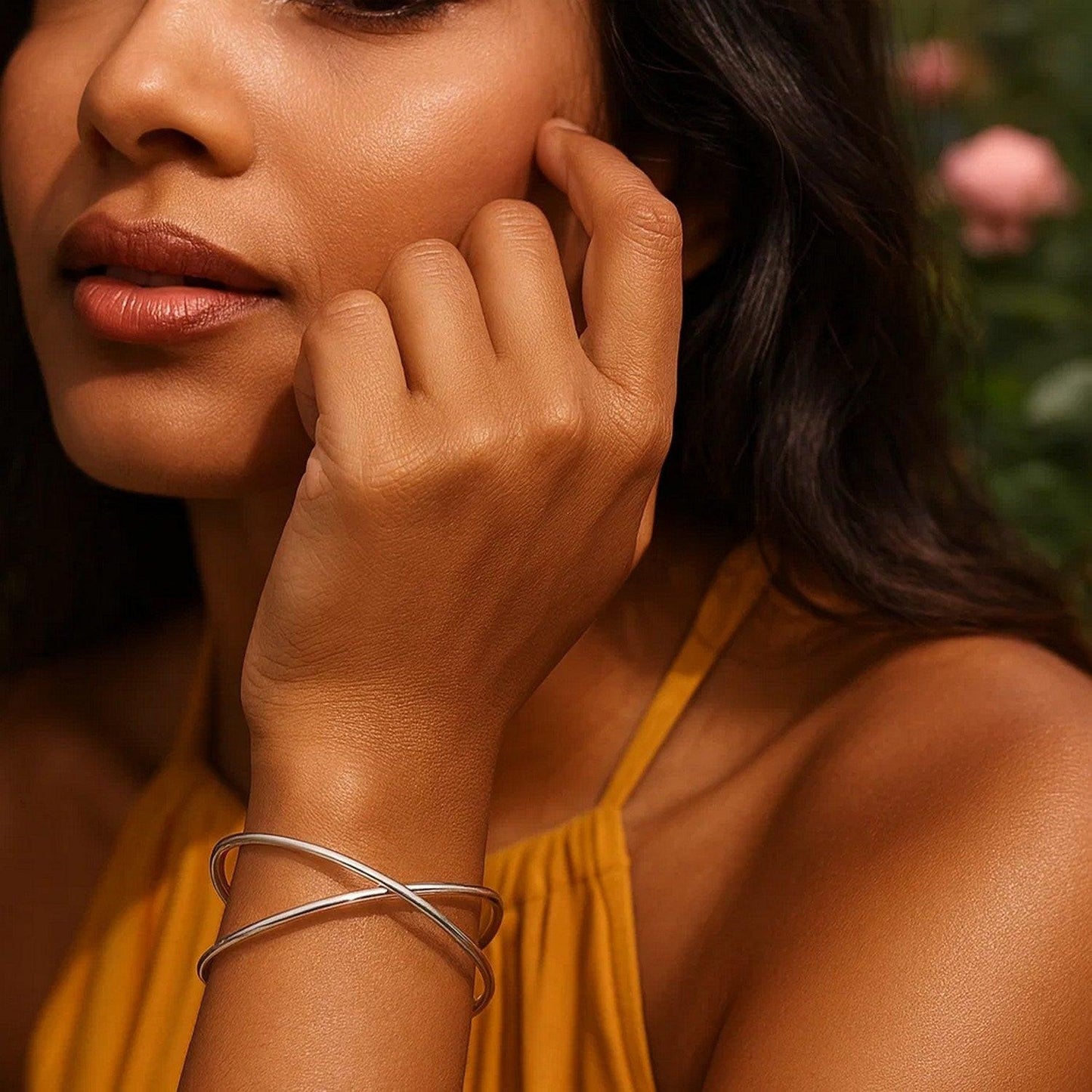 Sterling Silver Rhodium Plated Slip On Cross Over Bangle (11.10 mm)