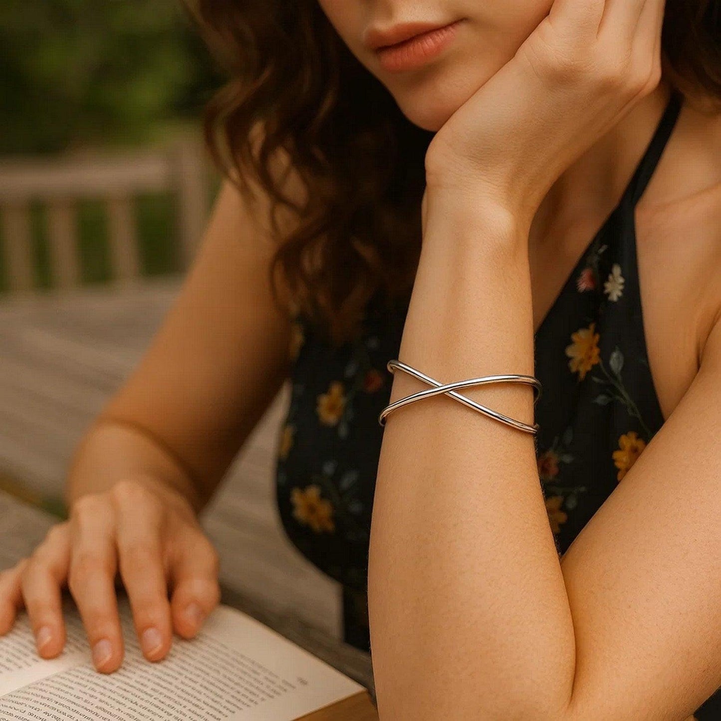 Sterling Silver Rhodium Plated Slip On Cross Over Bangle (11.10 mm)