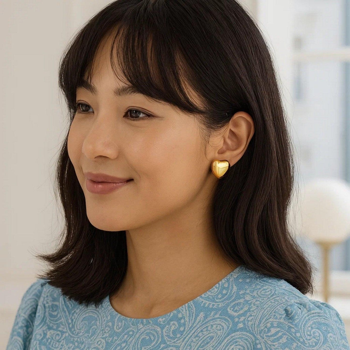 Sterling Silver Yellow Gold Plated Puffed Large Heart Stud Earrings