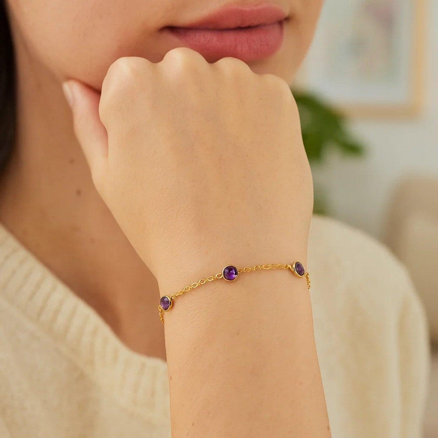 14K Yellow Gold Amethyst Station Bracelet