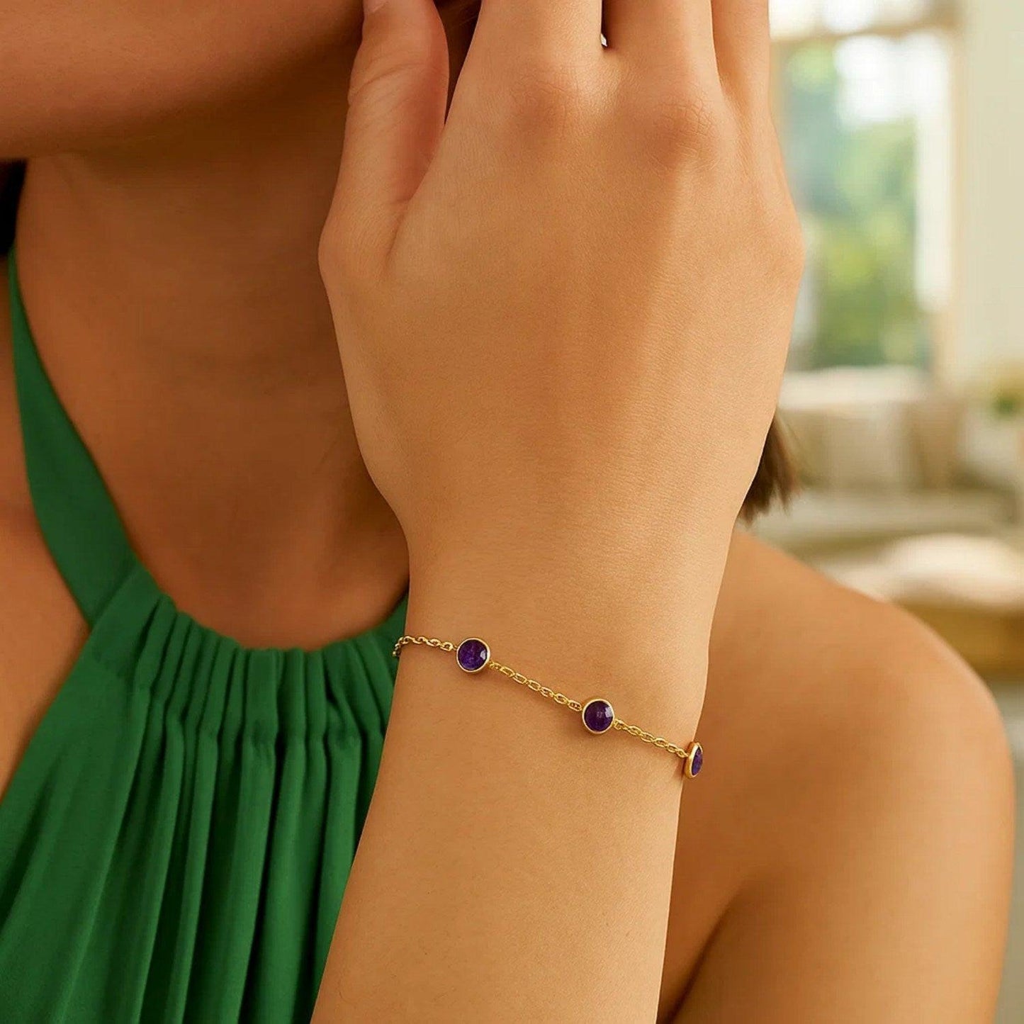 14K Yellow Gold Amethyst Station Bracelet