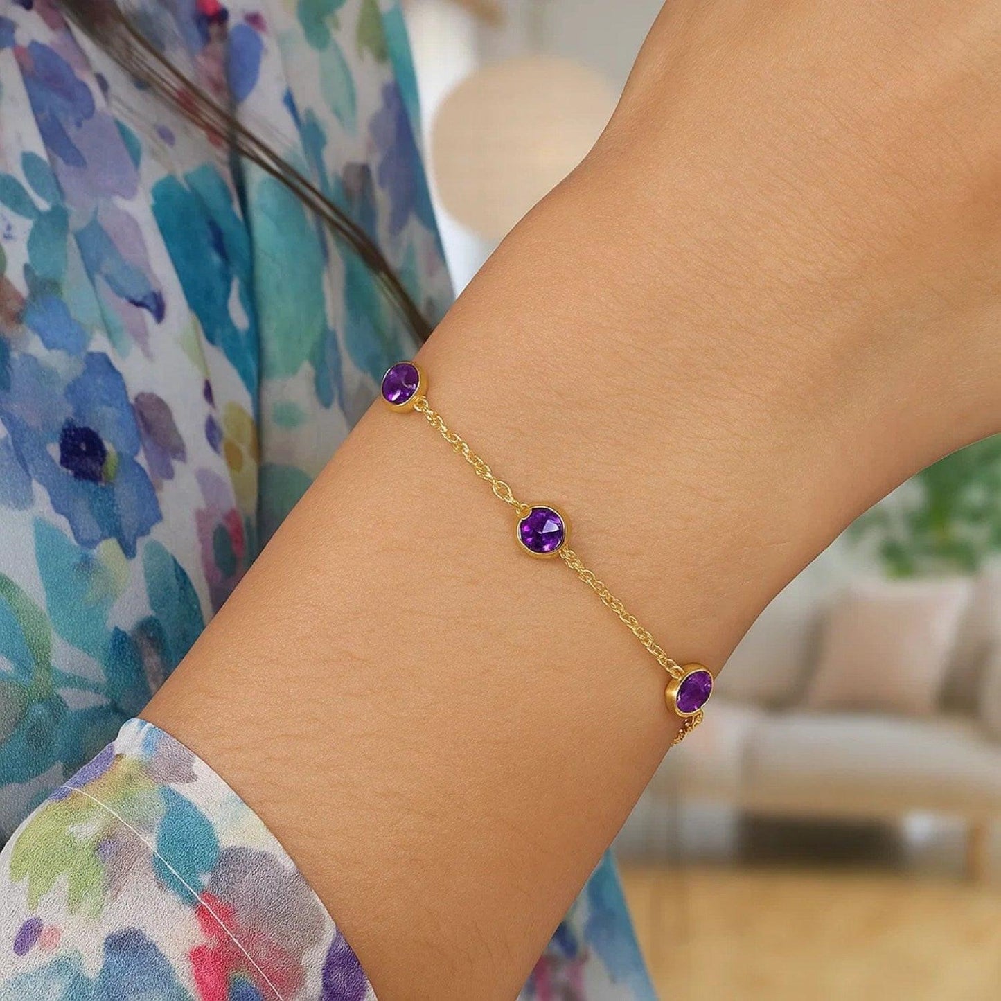 14K Yellow Gold Amethyst Station Bracelet