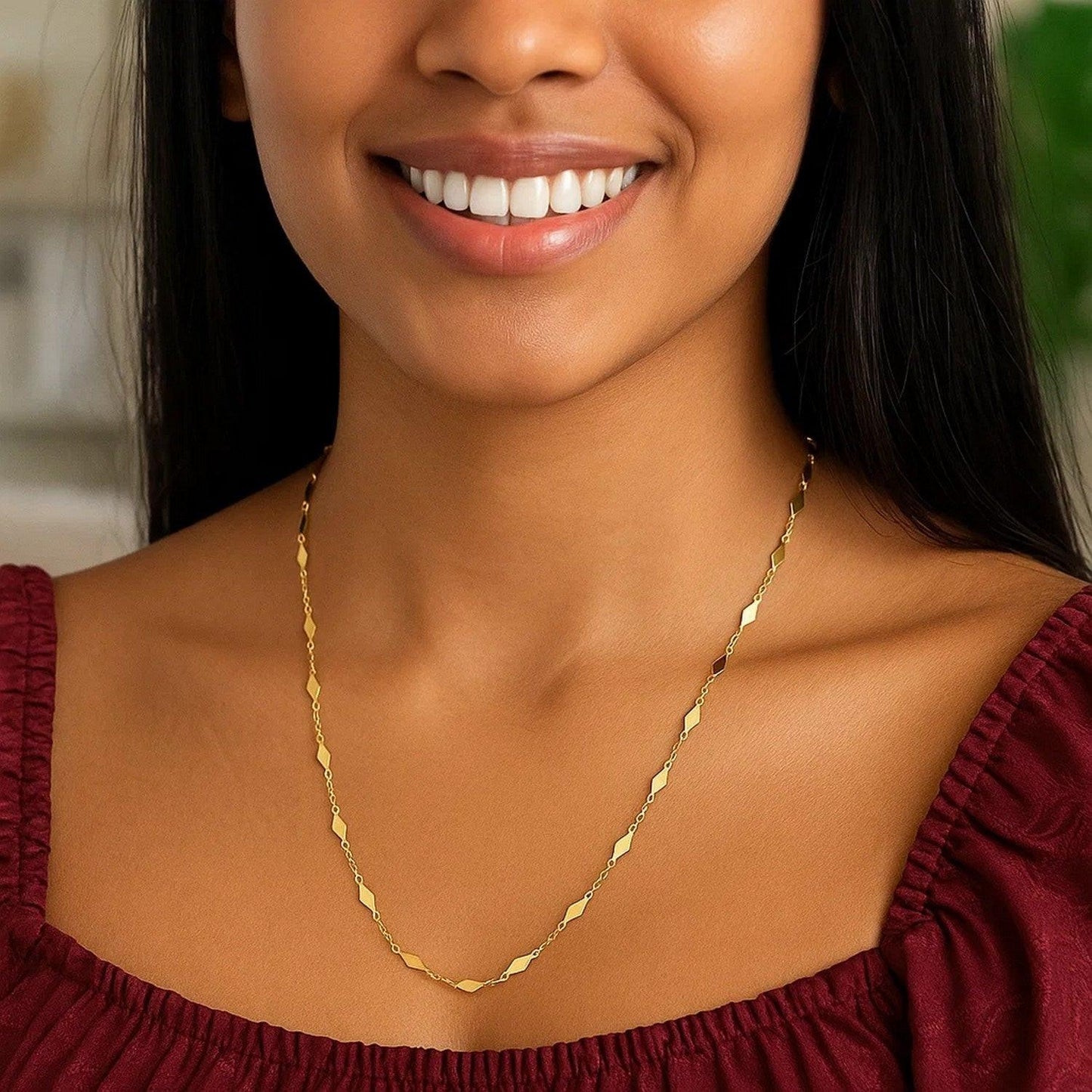 14K Yellow Gold Long Diamond Shape Station Mirror Chain Necklace