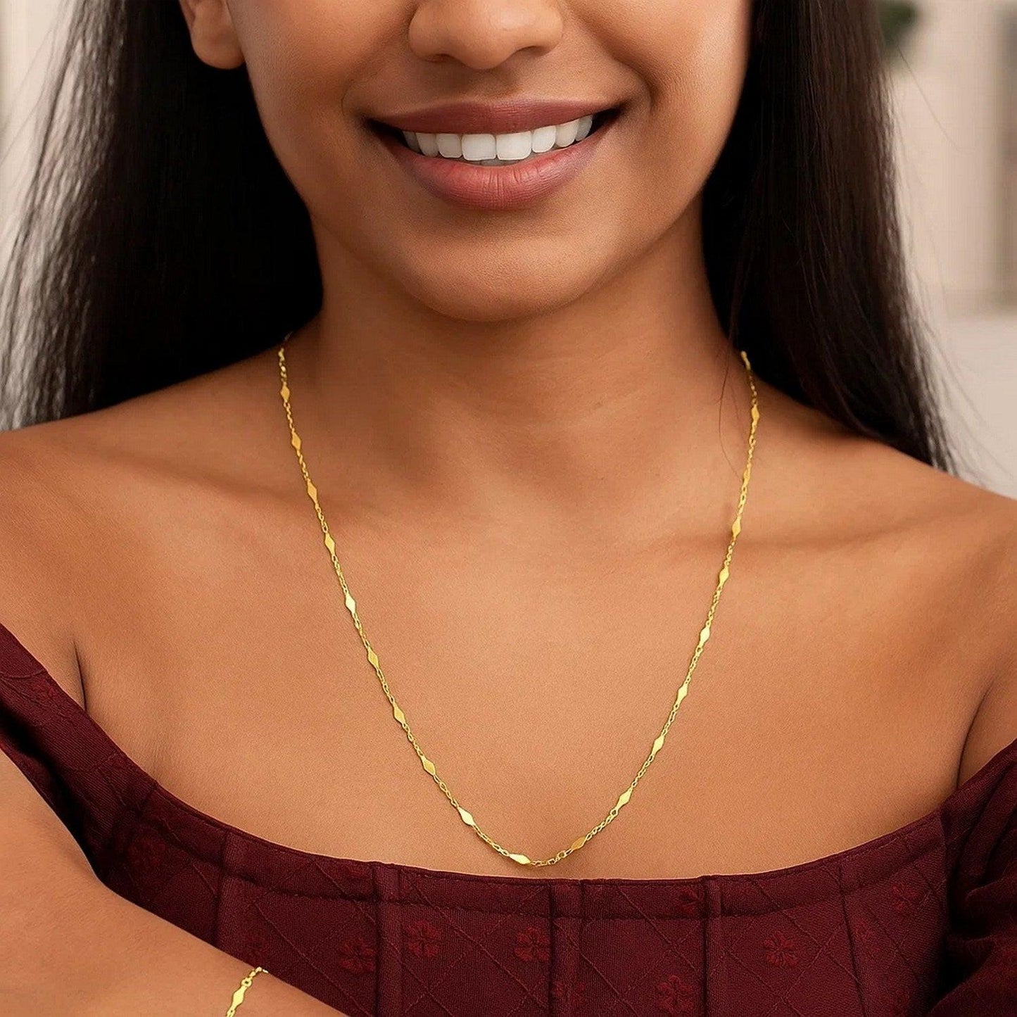 14K Yellow Gold Long Diamond Shape Station Mirror Chain Necklace