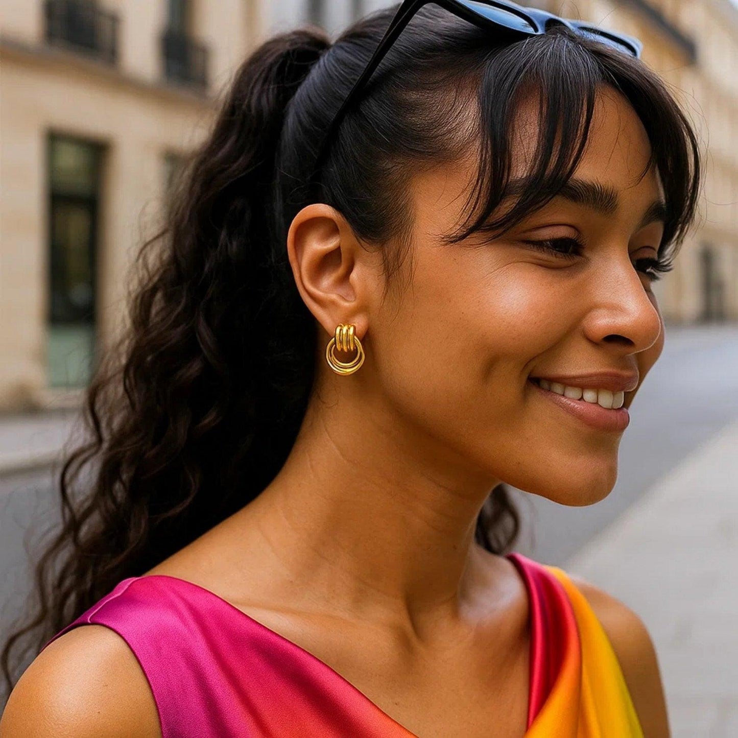 Sterling Silver Yellow Gold Plated Triple Door Knocker Hoop Earrings