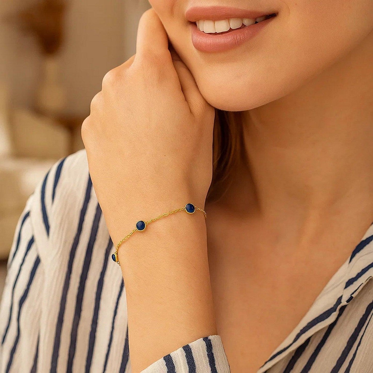 14K Yellow Gold Blue Sapphire Station Bracelet