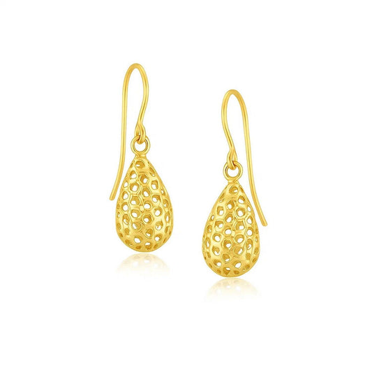 14k Yellow Gold Teardrop Drop Earrings with Honeycomb Texture