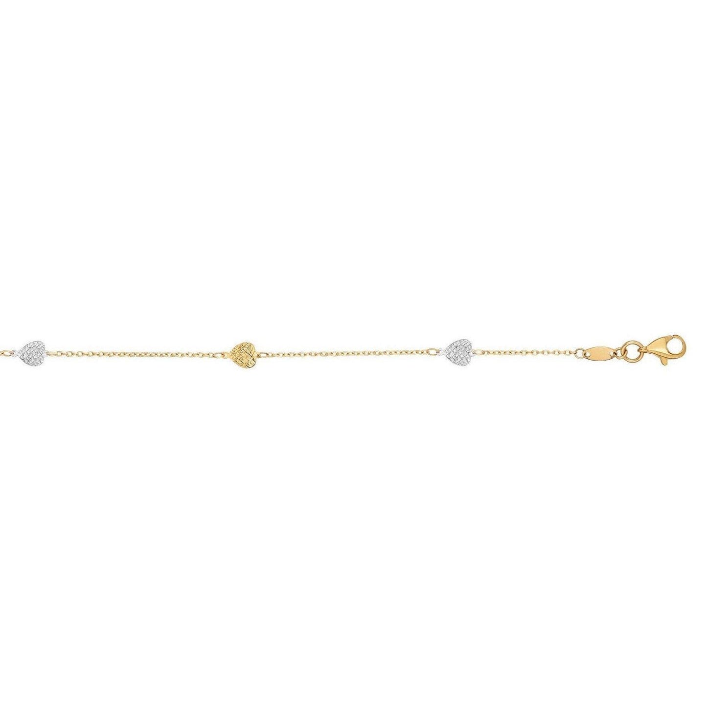 14k Two-Toned Yellow and White Gold Anklet with Textured Hearts